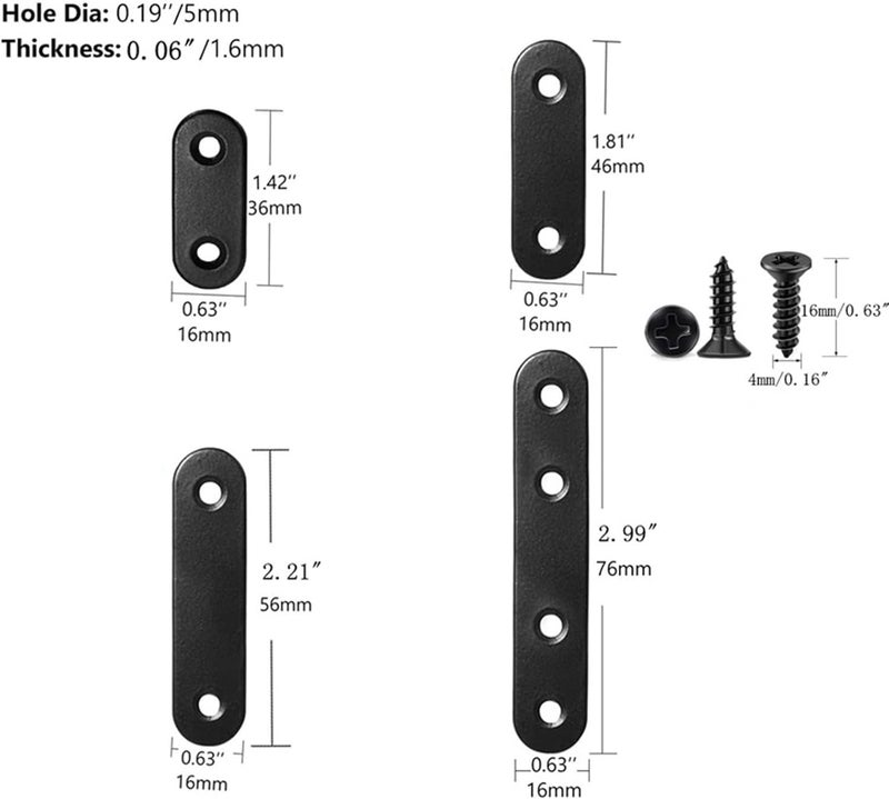 WYSUMMER Black Flat Brace, 20Pcs Metal Mending Brackets, Straight Corner Braces with 40Pcs Screws (Black, 16x56mm) - Image 2